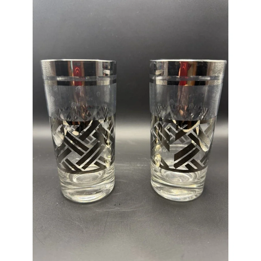 Vintage Geometric Highball Glasses Set of 2 Black Silver Whiskey Cocktail